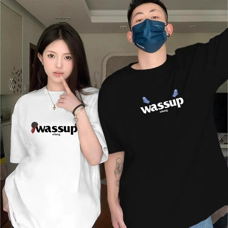 Трансграничная внешнеторговая пара одежда 2025 новая летняя корейская версия с короткими рукавами веселье свободное досуг на английском языке