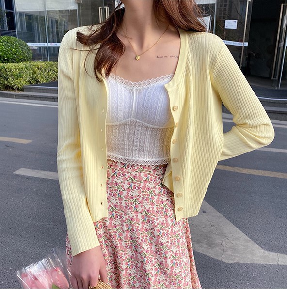 Yellow Cardigan Thin Style Women's Spring and Autumn Korean New Short Ice Silk Knit Sun Protection Jacket V-Neck Top