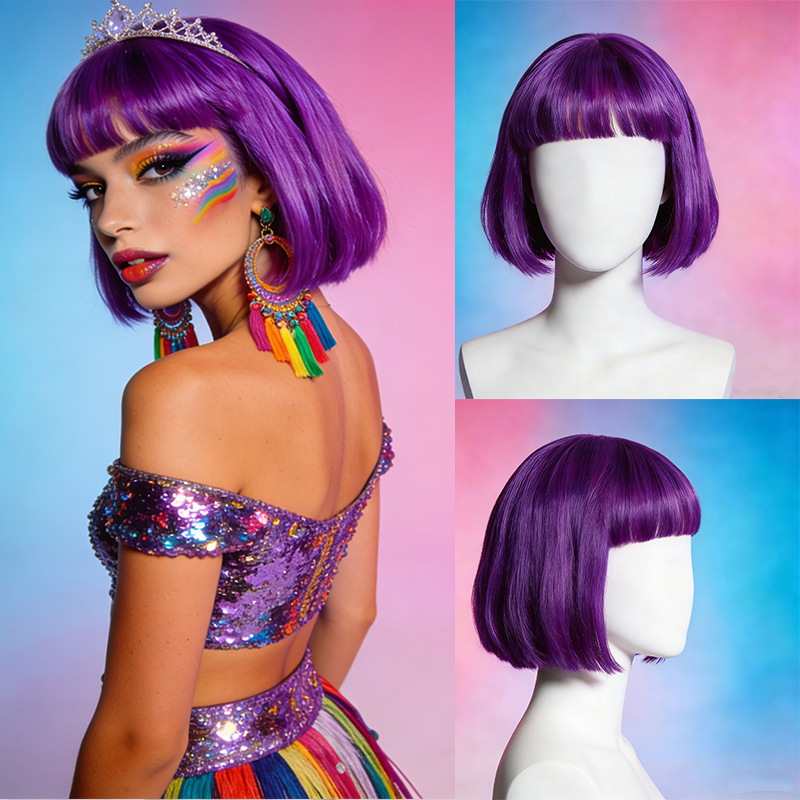 Cross-Border Women's Bright Purple Bob Wig for Carnival Cosplay with Air Bangs, High-Temperature Silk Synthetic Fiber Wig