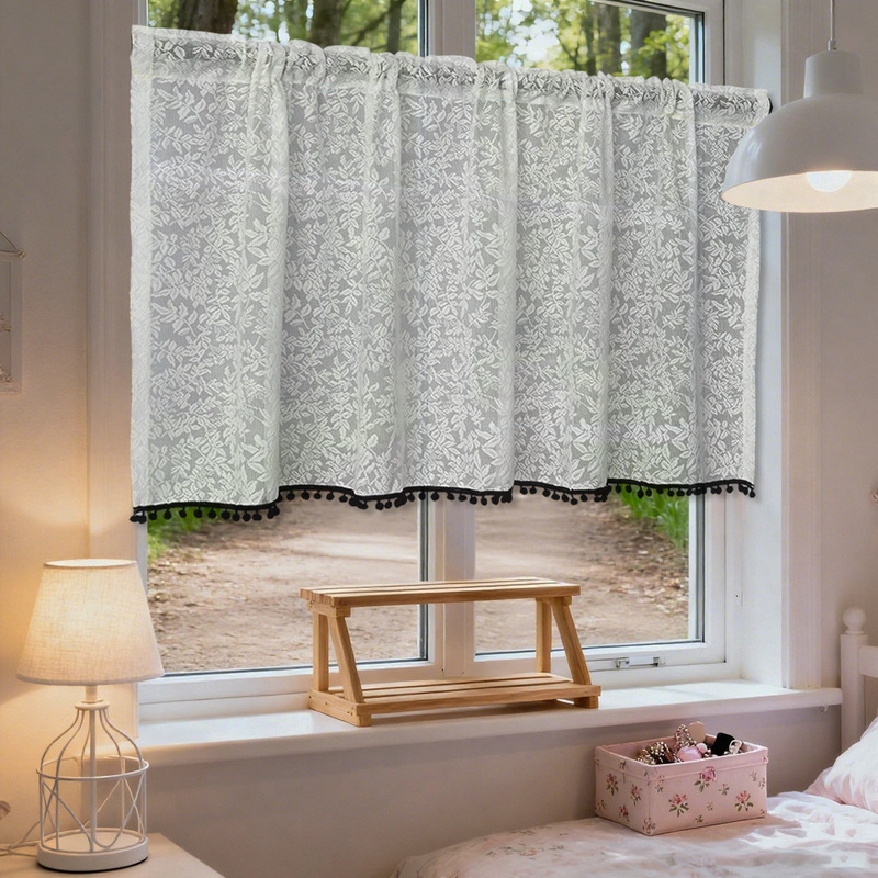 French-style lace jacquard tassel short curtain for kitchen bay window, coffee shop short curtain, no-drill dustproof curtain French-style lace jacquard tassel short curtain for kitchen bay window, coffee shop short curtain, no-drill dustproof curtain