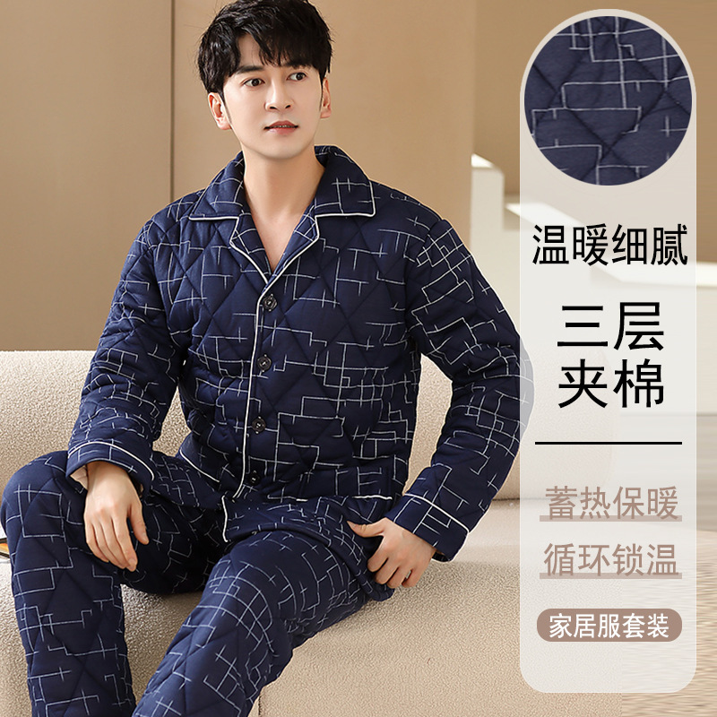 100% algodón Otoño e Invierno pijamas acolchados de tres capas engrosadas desgaste del hogar de los hombres más el tamaño ocasional traje de desgaste del hogar