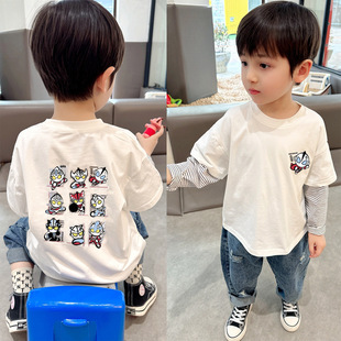 Spring and Autumn Cotton Children's Fake Two-piece T-shirt Boys and Girls Casual All-match Top Children's Cotton Long-sleeved Base