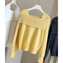 时尚一字肩钉珠长袖针织衫女2025秋季韩系巨好看百搭显瘦内搭毛衣