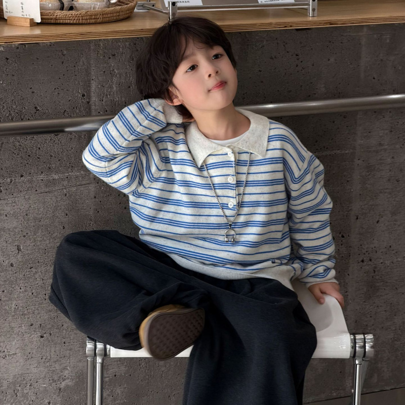 Tairu 2026 Autumn New Korean Style Boys' Fashion Polo Collar Knitted Sweater Children's Long Sleeve Striped Top