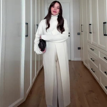 2025年秋新款欧美亚马逊跨境外贸女装气质高领开叉简约白色三件套