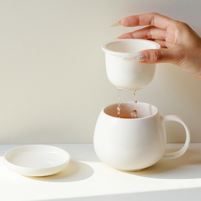 墨己白瓷马克杯带盖陶瓷杯子办公室专用水杯过滤泡茶杯茶水分离杯|undefined
