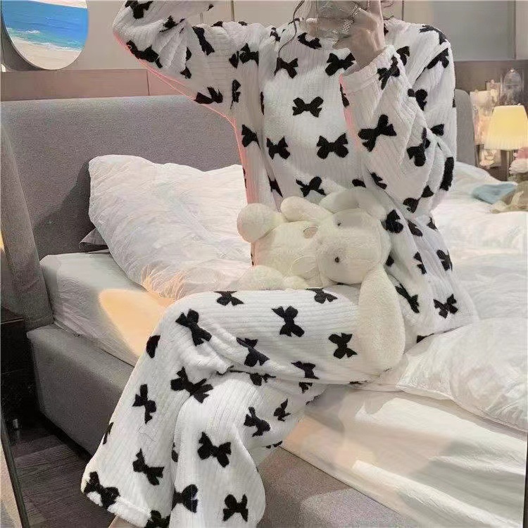 Winter, Autumn Season Autumn And Winter New Bow Print Warm Suit Fleece-lined Thick Casual Lazy Homewear Pajamas Loose And Warm