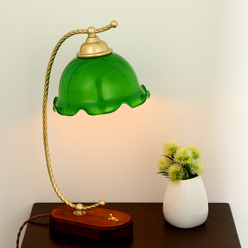 꼬인 튜브 녹색 유리 책상 램프-푸시 버튼 스위치