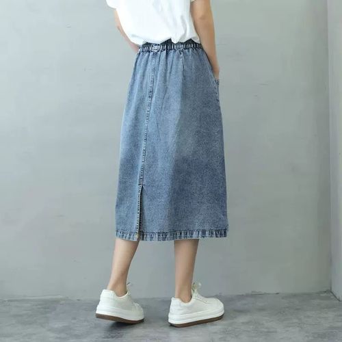 Year's Elastic Waistline Mid-length Slimming Split Denim Skirt with Large Pockets