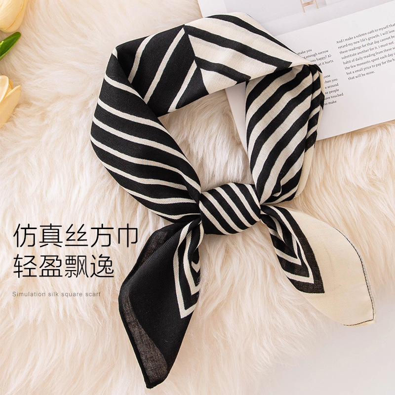 Spring and Summer New Style Silk Scarf, High-End and Elegant, Retro Black and Beige Striped 65 Small Square Scarf, Imitation Silk Scarf
