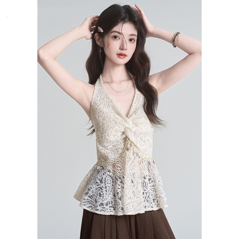 Sexy Pure Desire Style Lace Patchwork Halter Neck Backless Camisole for Women, Summer Fashion High-End Slim-Fit Top Trendy Sexy Pure Desire Style Lace Patchwork Halter Neck Backless Camisole for Women, Summer Fashion High-End Slim-Fit Top Trendy
