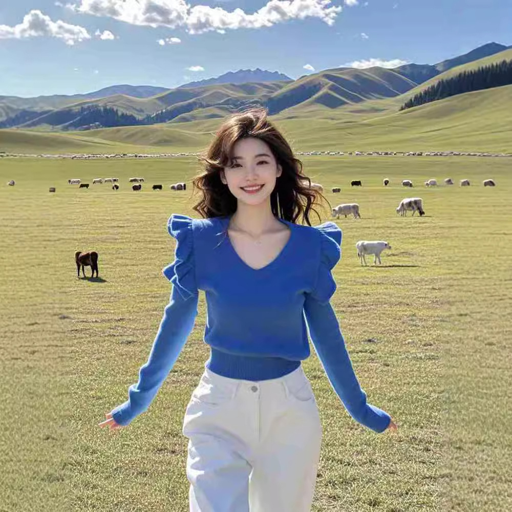 2024 년 초 가을 뉴 앰비언스 센스 러플 V-NECK KLEIN 블루 스웨터 니트 스웨터 여성용 쇼트 웨이스트 탑