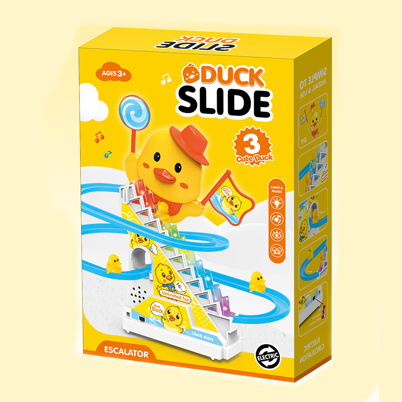 Nuevas cajas de color transfronterizas patos amarillos escaleras de pista eléctrica tobogan música iluminación puzzle juguetes de ensamblaje