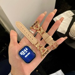 樹葉金屬加皮蘋果錶帶適用applewatch10新款iwatch6789se智能通用