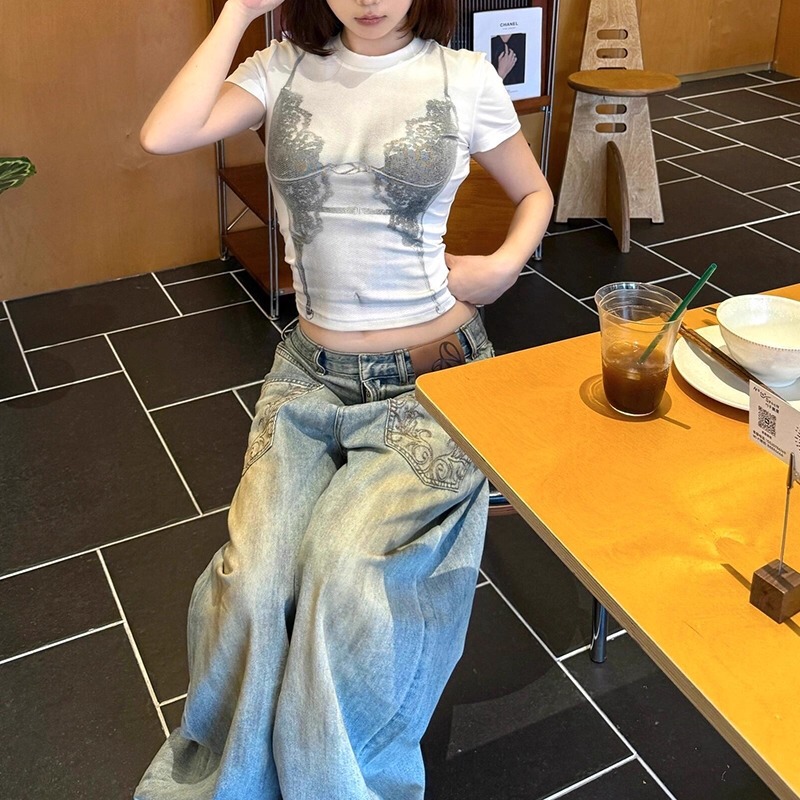美式复古做旧脏染反转口袋牛仔裤子女夏高街辣妹设计感显瘦拖地裤|undefined