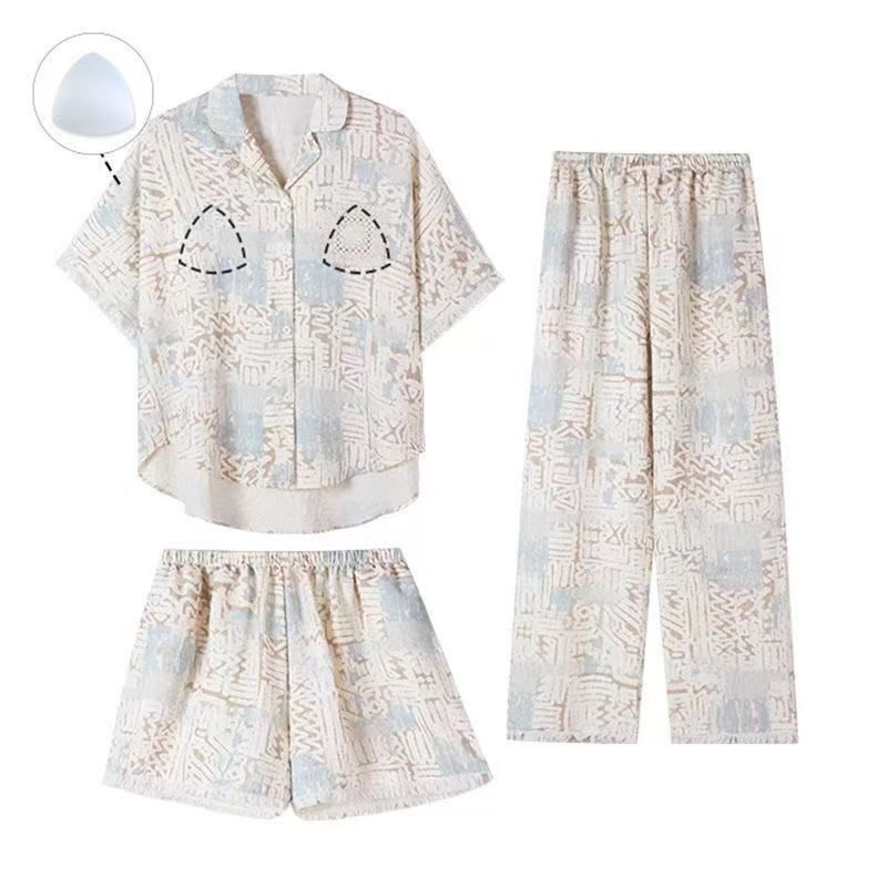 Yunduo Cotton Pajamas Women's Summer New Style Lace Tassel Short-Sleeved Shorts and Pants Three-Piece Home Clothes with Chest Pads
