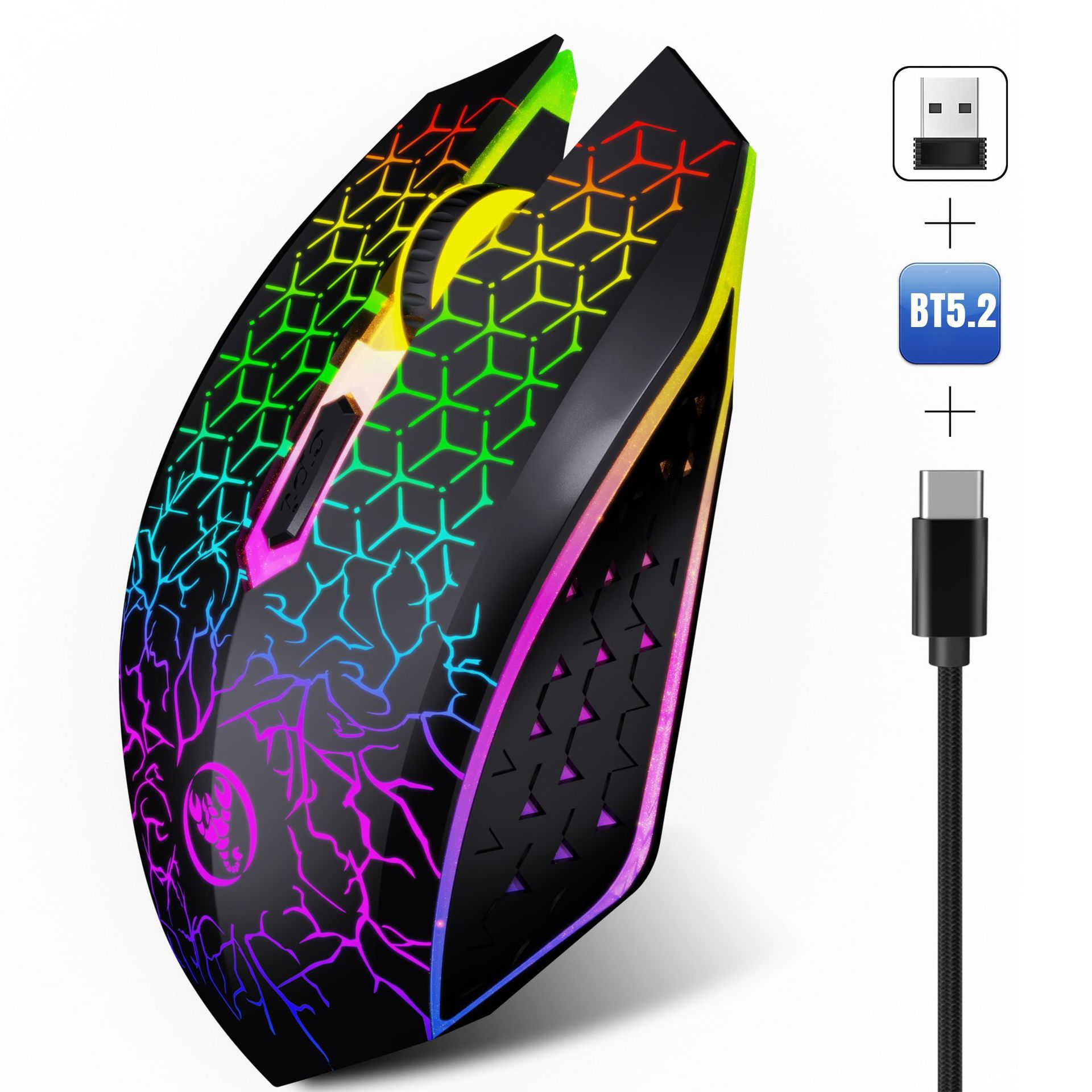New T34 dual-mode wireless mouse with 2.4G+BT5.2 colorful LED 6D built-in 500mA battery_voghion.com