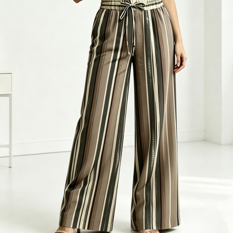 Plus-Size Women's Summer Thin Striped Wide-Leg Pants, Elastic Waist Drawstring Casual Pants, Elastic Waist Cropped Pants
