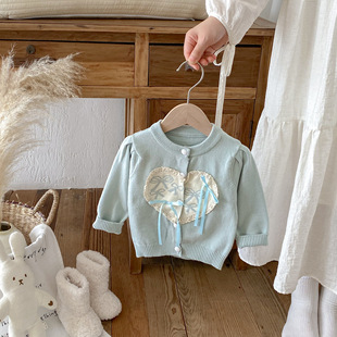 Baby Girl Lace Heart Bow Knitwear Cardigan Baby Autumn Soft Elastic Knitwear Jacket Top