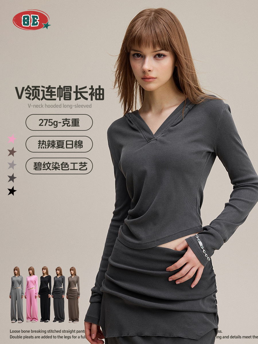 Ropa de mujer BE | Camiseta de Manga Larga con Capucha y Cuello en V, Ajustada a la Cintura, Estilo Retro Casual para Mujer, Otoño 2025