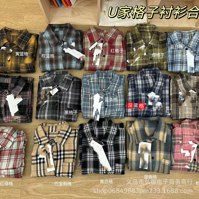 U Jia You + Autumn Plaid Shirt for Men and Women Couple Loose Cardigan Long Sleeve Lapel Fashion Trend Shirt