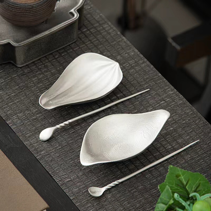 Tin Tea Set Two-Piece Zen Handmade Tin Lotus Leaf Tea Set Tea Spoon Kung Fu Tea Set Tea Ceremony Accessories