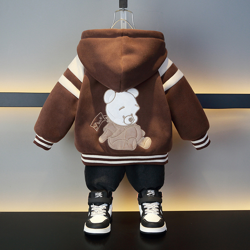 소년 곰 코트 2024 년 가을과 겨울 새로운 어린이 기모 두꺼운 최고의 동계 올림픽 곡물 양털 후드 옷