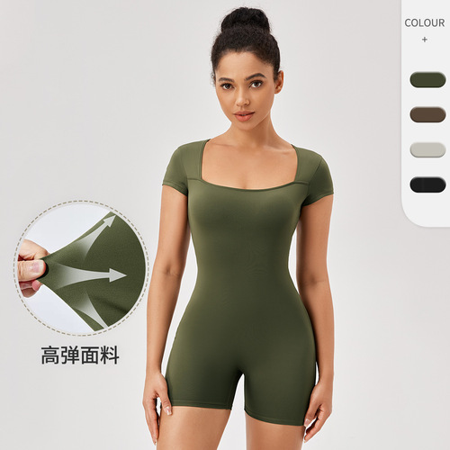 European and American style tight-fitting sports bodysuit, short-sleeved, women's off-shoulder, bare-chest training running yoga fitness jumpsuit 42245