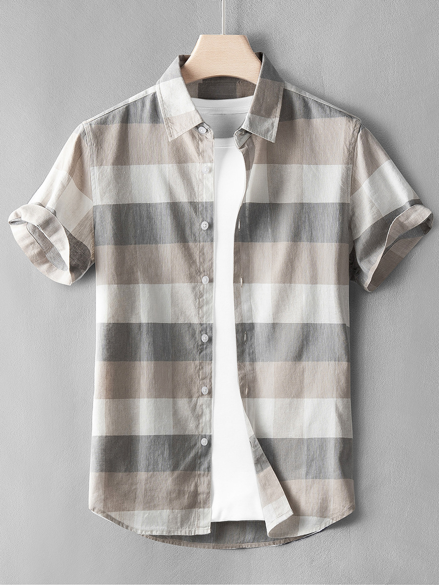 Camisa casual de lino juvenil Camisa de manga corta a cuadros a juego de color para hombre Camisa delgada a cuadros floral delgada de algodón y lino media manga verano