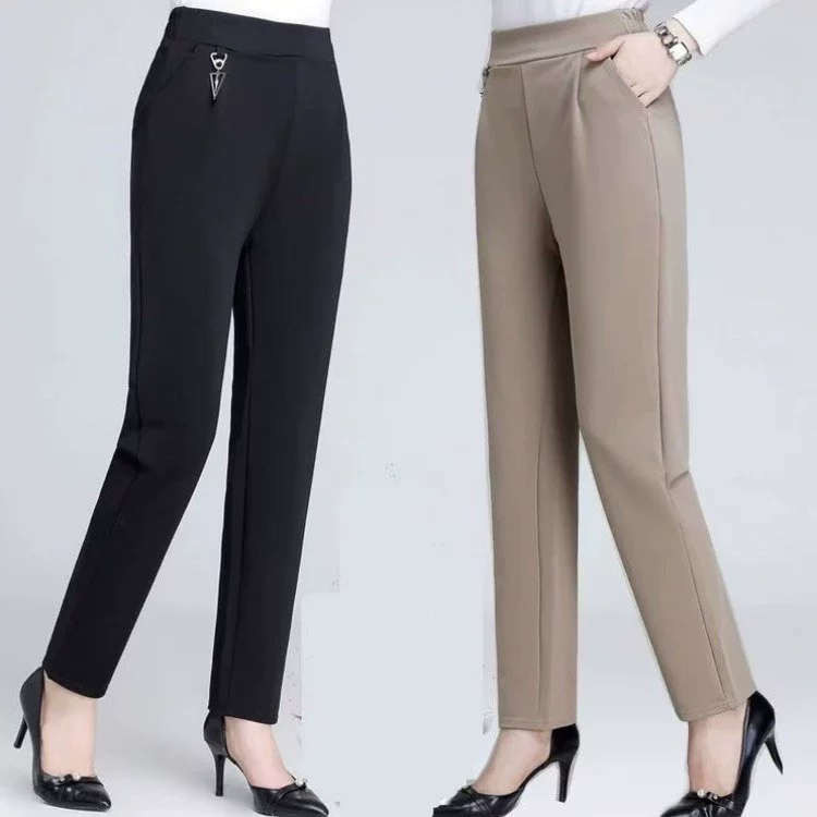 Брюки для мамы, летние тонкие прямые брюки, верхняя одежда для женщин среднего и пожилого возраста, весенне-летние брюки большого размера для бабушки из ледяного шелка, девятиточечные брюки