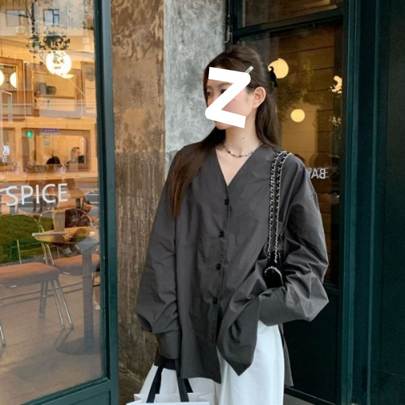 韩系慵懒风v领长袖衬衫女春季宽松中长款设计感开叉休闲衬衣上衣|undefined
