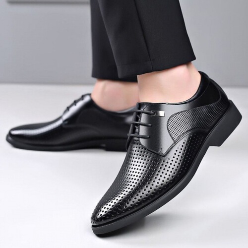 Men's Summer Mesh Breathable Wide Men's Shoes Genuine Leather Business Formal Holes Slip-on Shoes Men's Insoles Height Increasing Shoes