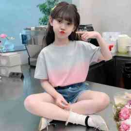 童装纯色渐变男童女童短袖t恤夏季纯棉儿童宝宝半袖上衣班服批发