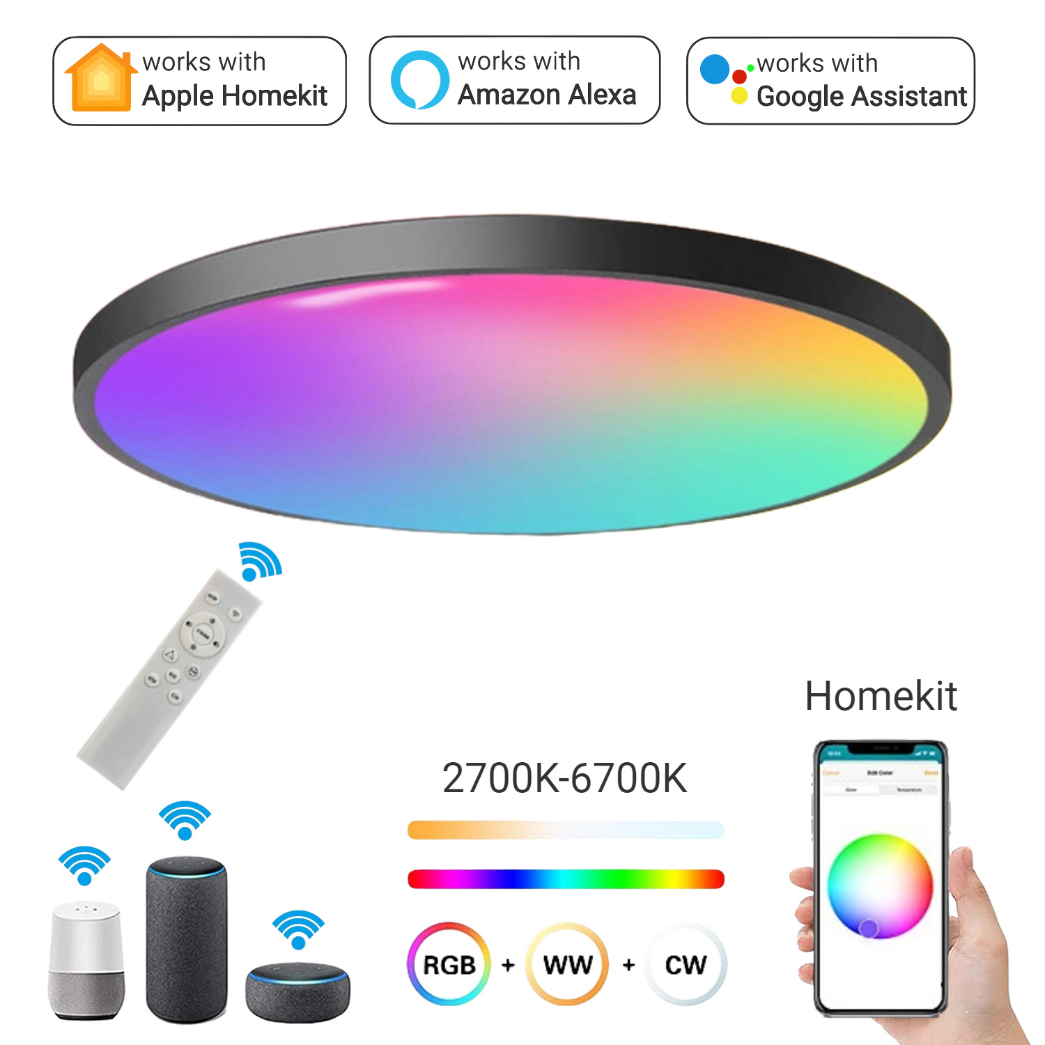 Homekit智能Wifi吸頂燈APP掃碼直連遠程Alexa語音控制定時開關24W