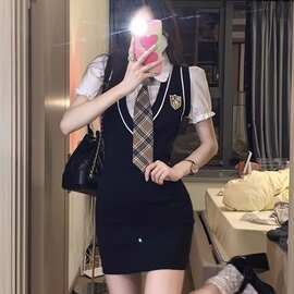 夏季连衣裙子女学院风韩版甜辣妹气质短裙包臀裙制服女针织面料