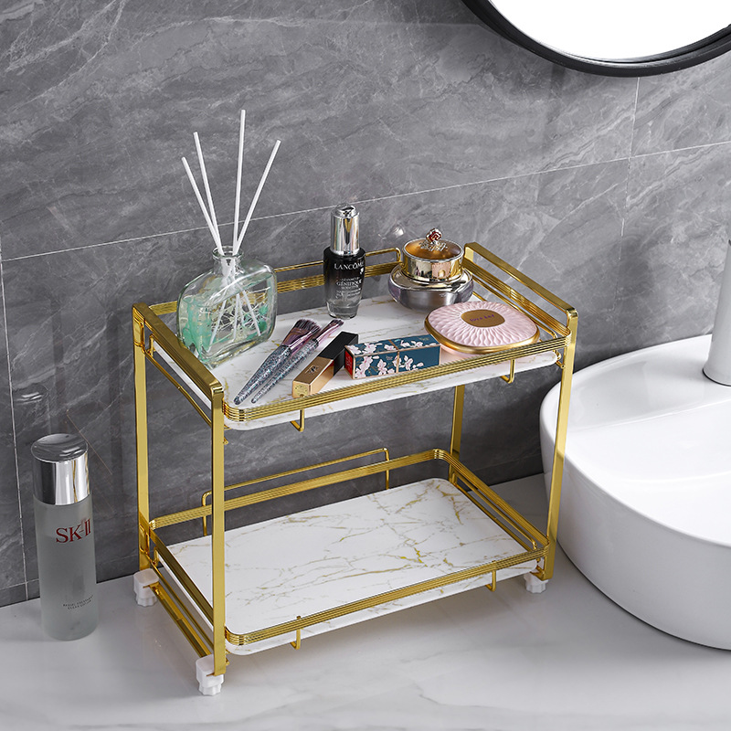 Oro de doble capa de hierro aseo organizador rack de baño aseo rack de almacenamiento de cosméticos de escritorio rack de almacenamiento desmontaje