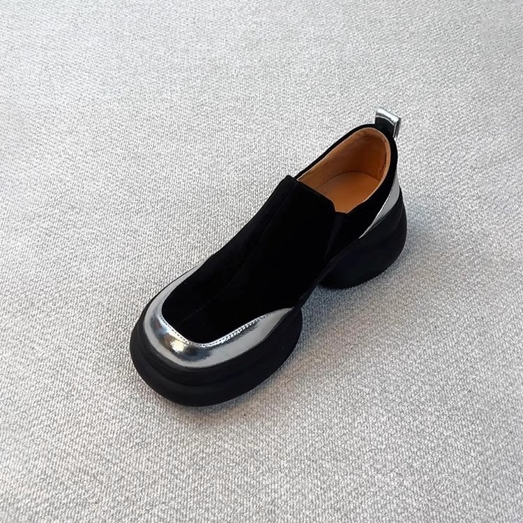 La marea no es sur ~ Suela de bizcocho retro, suela gruesa, aumento, zapatos de cuero Lefu para mujer, cuero esmerilado, punta redonda, zapatos de cuero simples