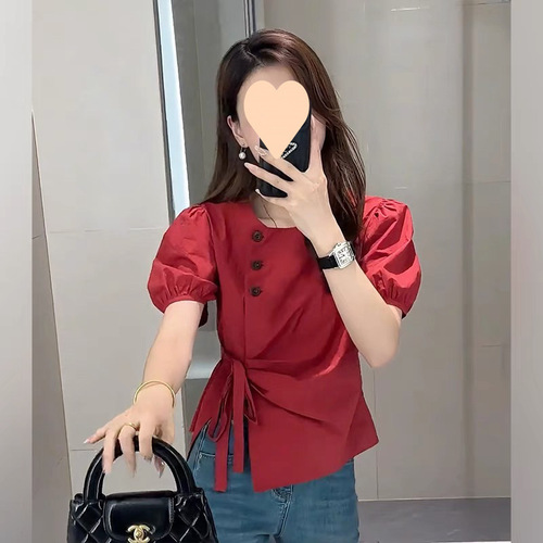 Women's Summer New Square Neck Tie Belt Fashion Casual Unstructured Bubble Sleeve Blouse