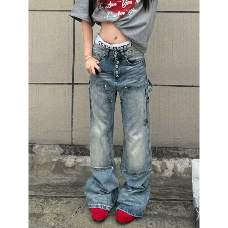 大码美式高街复古排扣褶皱弯刀牛仔裤女2025新款直筒修身堆堆长裤