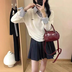 韓国風シンプルチェック柄シャツ襟長袖フェイクツーピースセータールーズ年齢軽減セーターレディースジャケット