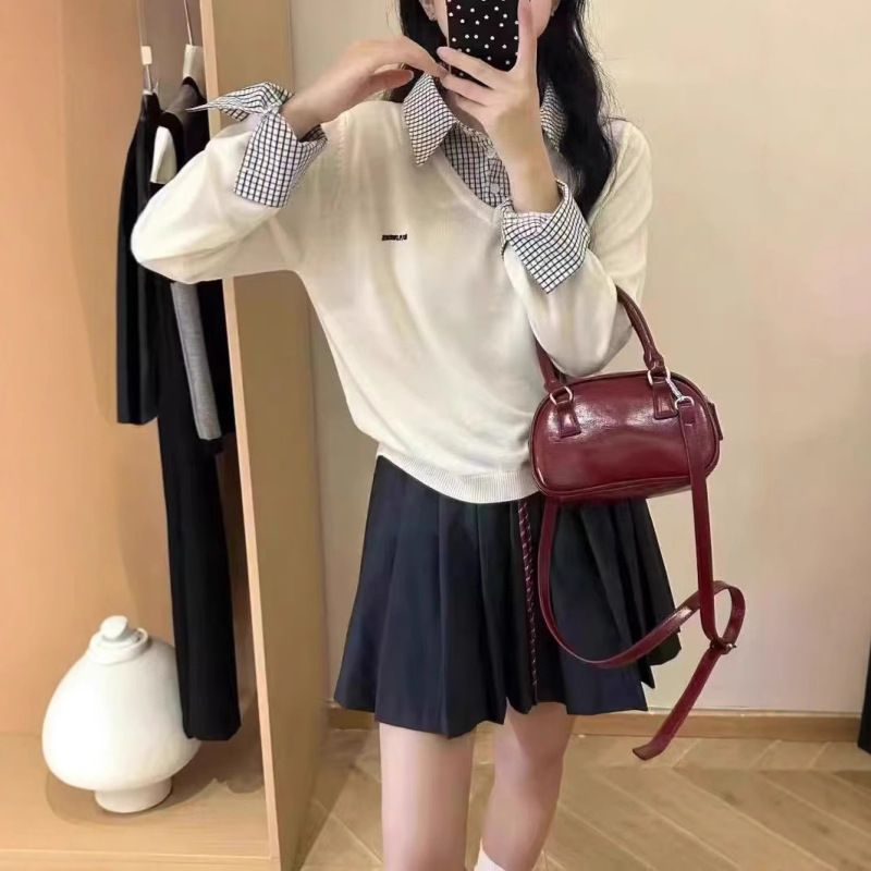 韓国風シンプルチェック柄シャツ襟長袖フェイクツーピースセータールーズ年齢軽減セーターレディースジャケット|undefined