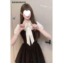 法式复古假两件连衣裙女夏季新款高级感波点短袖短裙