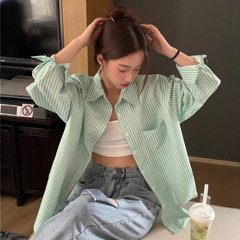POLO领条纹衬衫女春秋新款设计感宽松中长款薄款BF风防晒开衫上衣