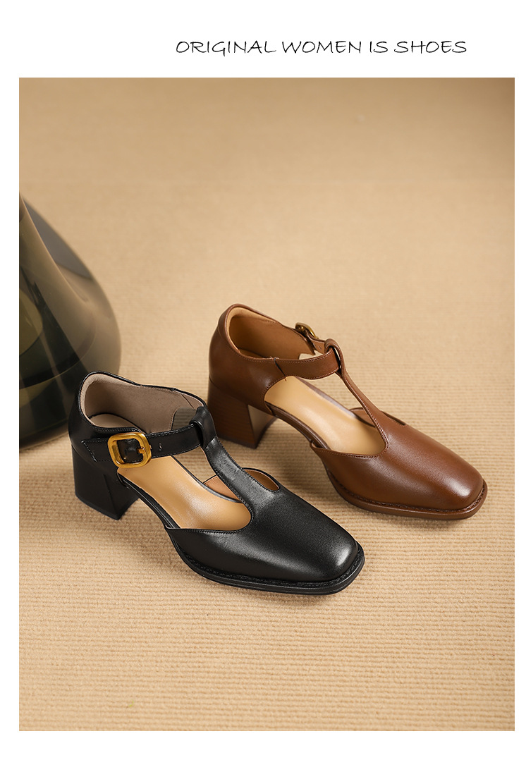 Sandal nữ quai chữ T đầu vuông hở mũi đế bệt — Màu nâu chi tiết 15