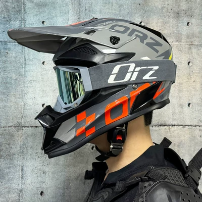 3C Off-Road Safety Helmet Motorcycle Helmet: Motosiklet kaskı (dəbilqə) - bright-gray-track-with-orz-cement-gray-frame-goggles-and-gloves-and-mask-s