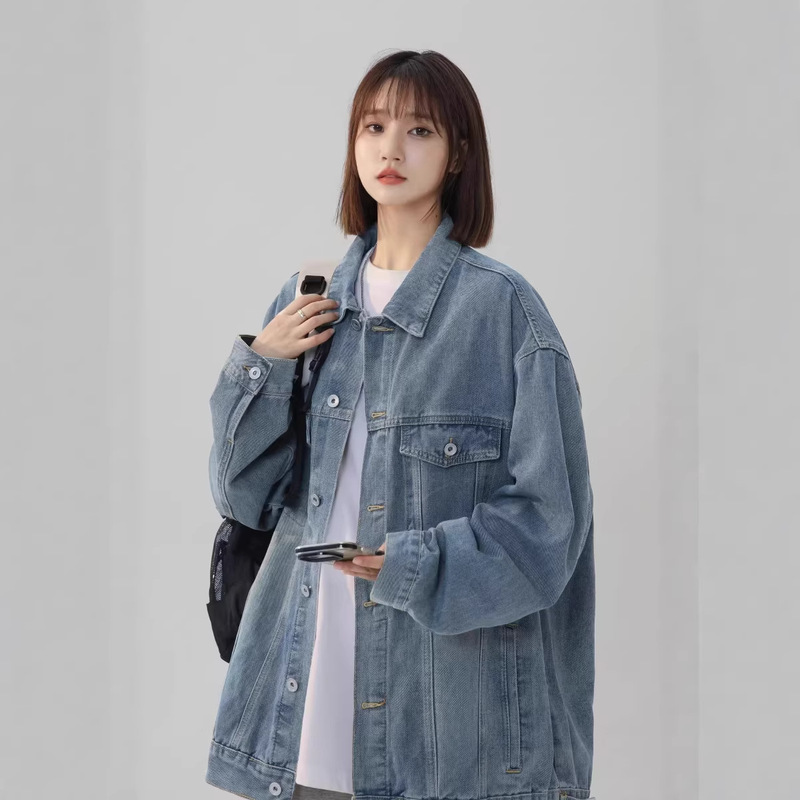Hi Tao Denim Jacket for Men and Women, Spring and Autumn American Style Trendy Brand, Washed Vintage Distressed Loose Fit with High-End Feel and Patchwork