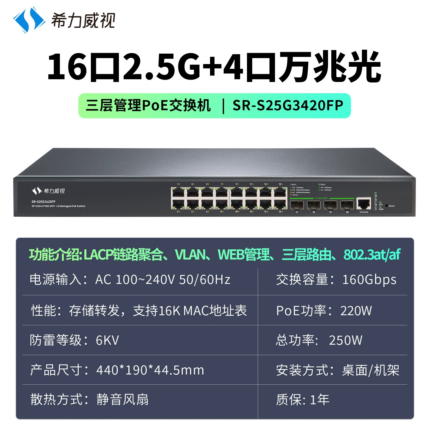 Xiliweishi 16-портовый 2.5G/4 гигабитный оптический коммутатор трехуровневого сетевого управления 10G оптический порт поддерживает агрегацию связи LACP