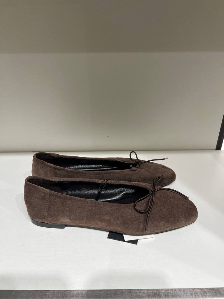 Giày búp bê nữ da bò đính nơ phong cách retro, đế bệt mũi tròn xỏ chân cổ thấp — Màu nâu (da) chi tiết 6