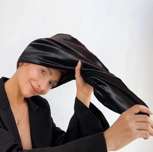 Internet Celebrity Black Imitation Silk Dry Hair Cap for Women with Long Hair, Water-Absorbent Polyester Fiber Dry Hair Elastic Satin Hair Cap