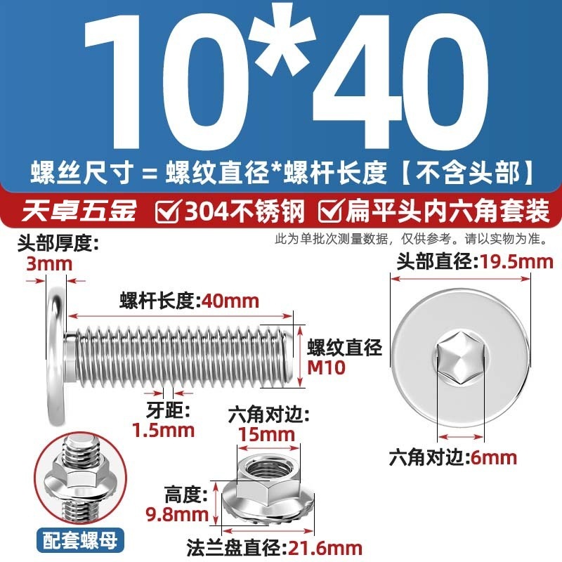 304不锈钢CM大平头超薄头C头扁平头内六角螺丝钉法兰边螺母套装M5|undefined